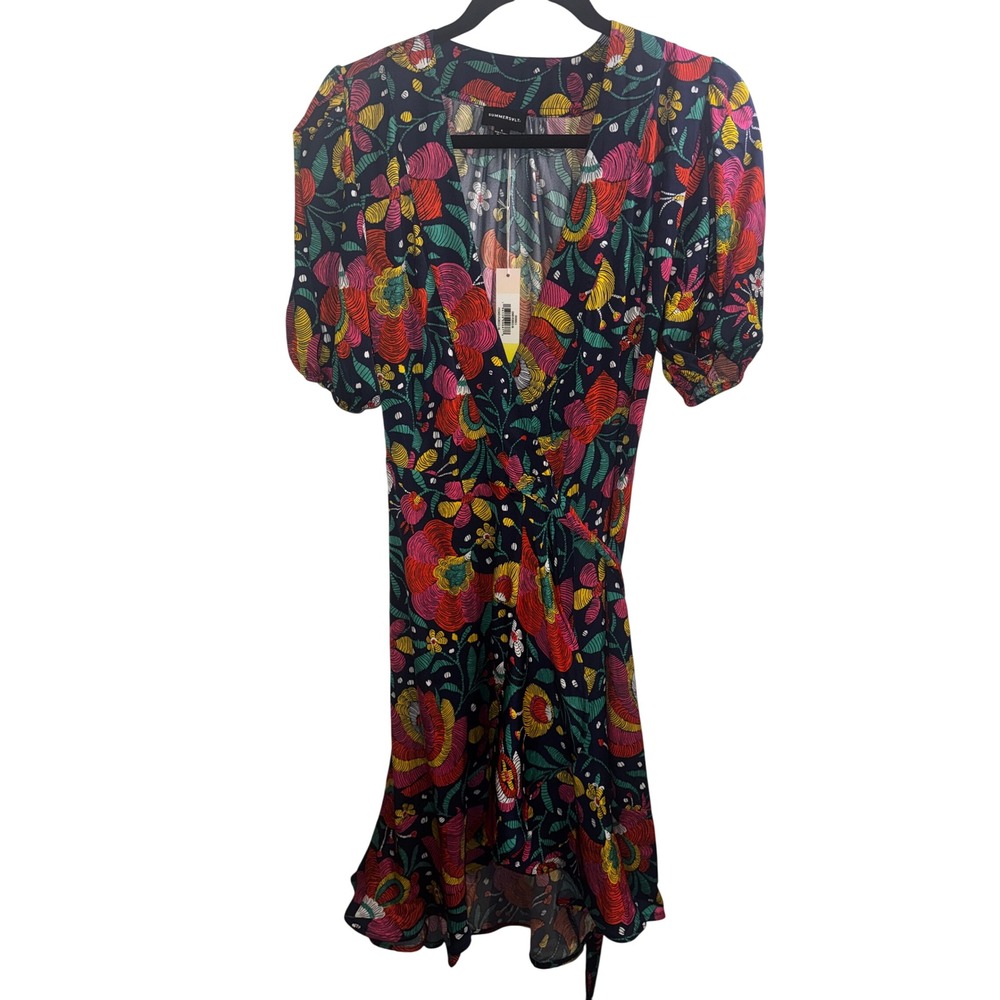 Summersalt Navy Floral Wrap Dress Short Puff Sleeve Ruffle Hem Size S/ 6 NWT